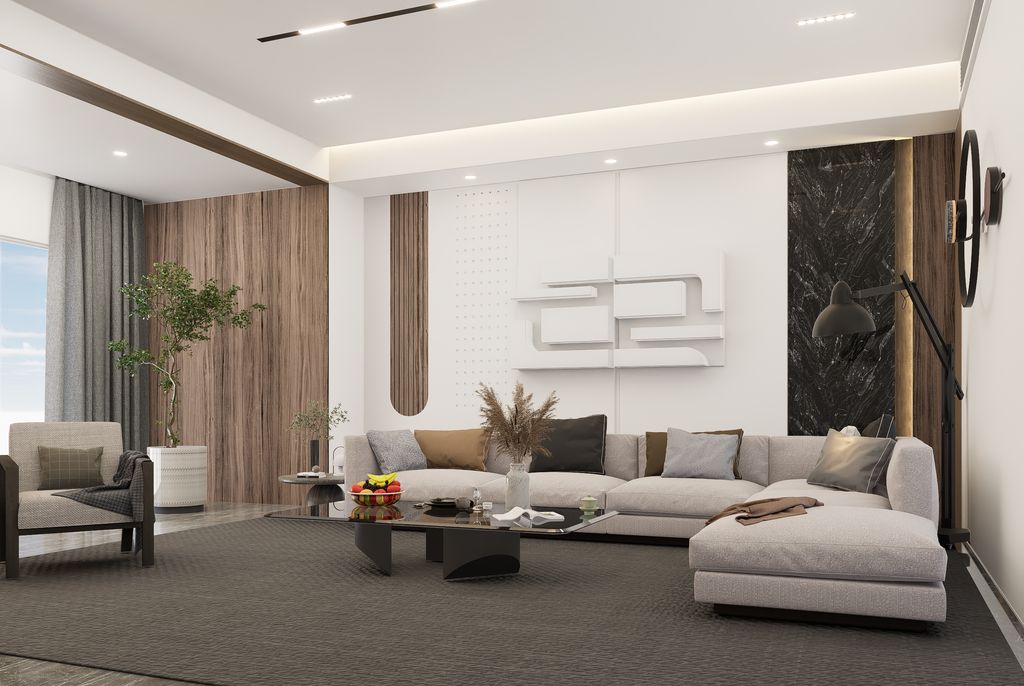 Elegant living room with a stylish sofa and decor in a modern setting.